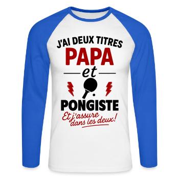 Papa Pongiste cadeau fête des pères Noël Ping Pong - T-shirt baseball manches longues Homme - blanc/bleu royal - Devant - Nik (191cm)