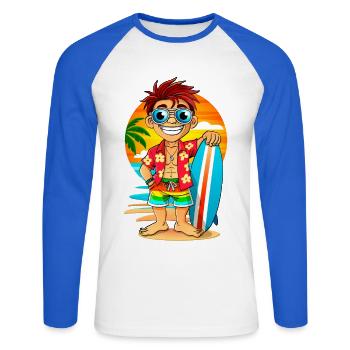 Fröhlicher Surfer mit Surfbrett am Strand. - Unisex Baseballshirt langarm - Weiß/Royalblau - Vorne - Nik (191cm)