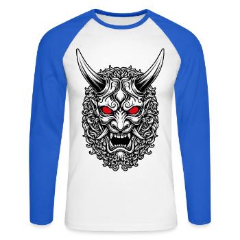 Japanese Red Portrait Oni Mask - Unisex Long Sleeve Baseball T-Shirt - white/royal blue - Front - Nik (191cm)