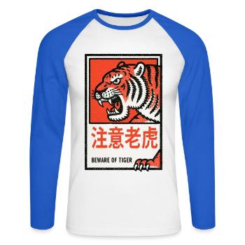 Tigerwarnung Retro - Unisex Baseballshirt langarm - Weiß/Royalblau - Vorne - Nik (191cm)