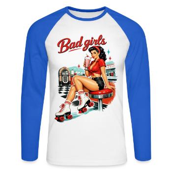 Pin-Up Girl Rétro : Bad Girls style diner années 50 - T-shirt baseball manches longues Homme - blanc/bleu royal - Devant - Nik (191cm)