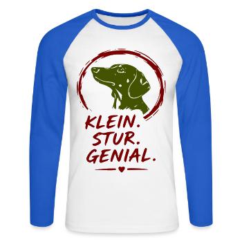 Kleiner Hund Stur Genial - Unisex Baseballshirt langarm - Weiß/Royalblau - Vorne - Nik (191cm)