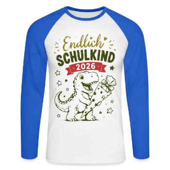 Endlich Schulkind 2026 - Unisex Baseballshirt langarm - Weiß/Royalblau - Vorne - Nik (191cm)