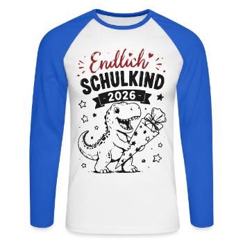 Endlich Schulkind 2026 - Unisex Baseballshirt langarm - Weiß/Royalblau - Vorne - Nik (191cm)