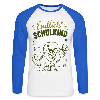 Endlich Schulkind Dino Stift - Unisex Baseballshirt langarm - Weiß/Royalblau - Vorne - Nik (191cm)