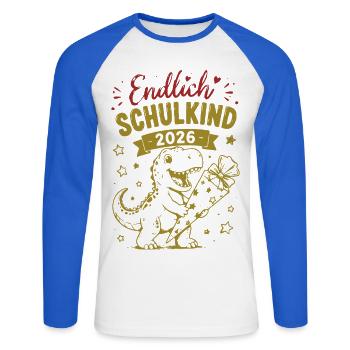 Endlich Schulkind 2026 Dino - Unisex Baseballshirt langarm - Weiß/Royalblau - Vorne - Nik (191cm)