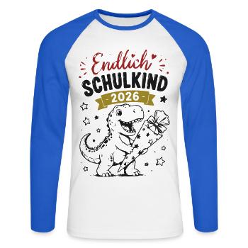Endlich Schulkind 2026 Dino - Unisex Baseballshirt langarm - Weiß/Royalblau - Vorne - Nik (191cm)