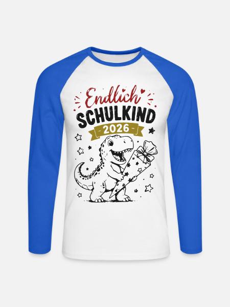 Endlich Schulkind 2026 Dino - Unisex Baseballshirt langarm - Weiß/Royalblau