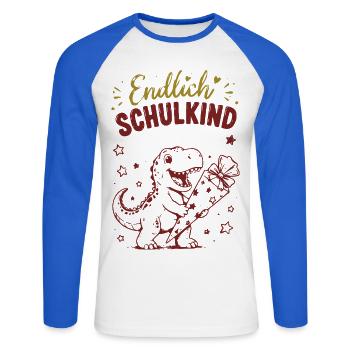 Endlich Schulkind Dino Geschenk - Unisex Baseballshirt langarm - Weiß/Royalblau - Vorne - Nik (191cm)