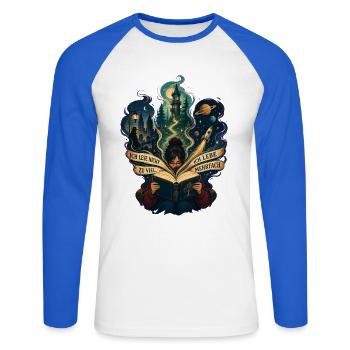 Ich lese nicht zu viel. Ich lebe mehrfach! - Unisex Baseballshirt langarm - Weiß/Royalblau - Vorne - Nik (191cm)