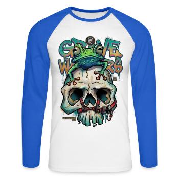 Grave Walkers Frog Skull Graffiti Streetwear Art - Unisex Long Sleeve Baseball T-Shirt - white/royal blue - Front - Nik (191cm)