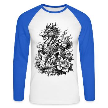 Kirin japonais dans le style de tatouage Irezumi - T-shirt baseball manches longues Homme - blanc/bleu royal - Devant - Nik (191cm)