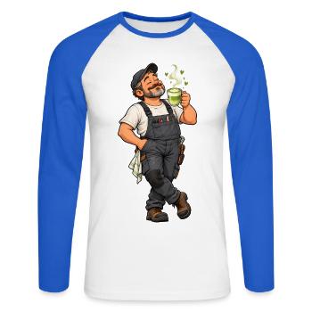 Hausmeister mit Matcha Latte – Lustiges Motiv - Unisex Baseballshirt langarm - Weiß/Royalblau - Vorne - Nik (191cm)