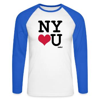 New York loves you - couleurs personnalisables - T-shirt baseball manches longues Homme - blanc/bleu royal - Devant - Nik (191cm)