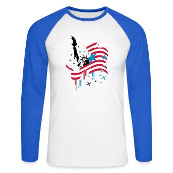 amerikanische Flagge und Freiheitsstatue - Unisex Baseballshirt langarm - Weiß/Royalblau - Vorne - Nik (191cm)