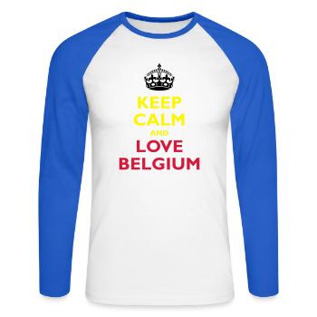 Keep Calm & Love Belgium - T-shirt baseball manches longues Homme - blanc/bleu royal - Devant - Nik (191cm)