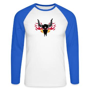 Bull skull with flames - Unisex Long Sleeve Baseball T-Shirt - white/royal blue - Front - Nik (191cm)