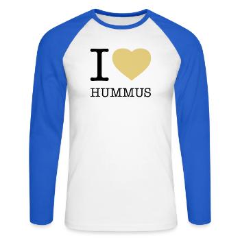 I LOVE HUMMUS - Unisex Long Sleeve Baseball T-Shirt - white/royal blue - Front - Nik (191cm)