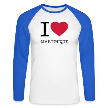 J’AIME LA MARTINIQUE - T-shirt baseball manches longues Homme - blanc/bleu royal - Devant - Nik (191cm)