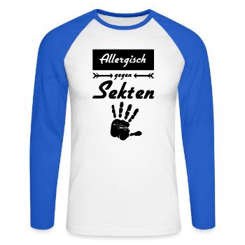 Allergisch gegen Sekten Geschenk - Unisex Baseballshirt langarm - Weiß/Royalblau - Vorne - Nik (191cm)