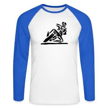 Hanging_of - Unisex Baseballshirt langarm - Weiß/Royalblau - Vorne - Nik (191cm)