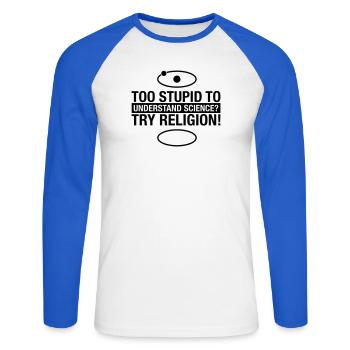 science-religion - Unisex Baseballshirt langarm - Weiß/Royalblau - Vorne - Nik (191cm)