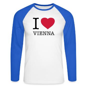 I LOVE VIENNA Wien Austria Österreich - Unisex Baseballshirt langarm - Weiß/Royalblau - Vorne - Nik (191cm)