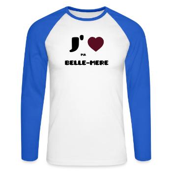 J'aime ma belle-mère (V) - T-shirt baseball manches longues Homme - blanc/bleu royal - Devant - Nik (191cm)