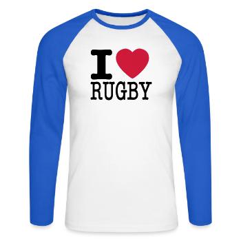 Ich liebe Rugby - Unisex Baseballshirt langarm - Weiß/Royalblau - Vorne - Nik (191cm)