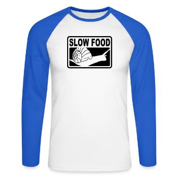 slow_food - Unisex Baseballshirt langarm - Weiß/Royalblau - Vorne - Nik (191cm)