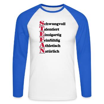 Stefan , Vorname,Namensschild,Name,Fun Shirt (25) - Unisex Baseballshirt langarm - Weiß/Royalblau - Vorne - Nik (191cm)