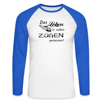Das Leben geniessen - Unisex Baseballshirt langarm - Weiß/Royalblau - Vorne - Nik (191cm)