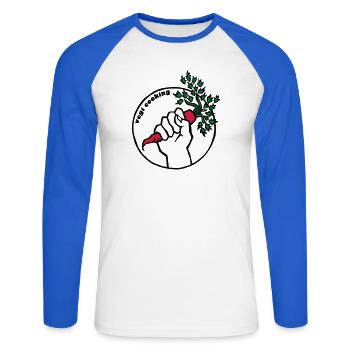Vegan - Unisex Baseballshirt langarm - Weiß/Royalblau - Vorne - Nik (191cm)