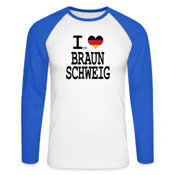 J'aime Brunswick - T-shirt baseball manches longues Homme - blanc/bleu royal - Devant - Nik (191cm)