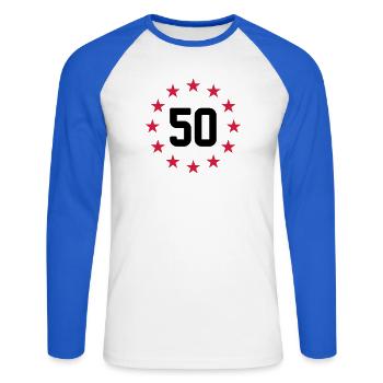 50 ans - T-shirt baseball manches longues Homme - blanc/bleu royal - Devant - Nik (191cm)