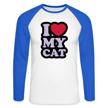 I love my cat - J'aime mon chat - T-shirt baseball manches longues Homme - blanc/bleu royal - Devant - Nik (191cm)