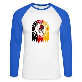 Weltmeister Deutschland - Unisex Baseballshirt langarm - Weiß/Royalblau - Vorne - Nik (191cm)