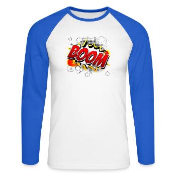 Boom Comic Grafik - Unisex Baseballshirt langarm - Weiß/Royalblau - Vorne - Nik (191cm)