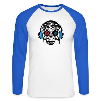 A Sugar Skull with headphones - Unisex Long Sleeve Baseball T-Shirt - white/royal blue - Front - Nik (191cm)