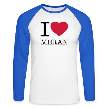 I LOVE MERAN - Unisex Baseballshirt langarm - Weiß/Royalblau - Vorne - Nik (191cm)