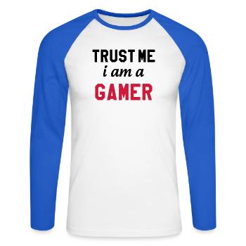Gamer / Gaming - T-shirt baseball manches longues Homme - blanc/bleu royal - Devant - Nik (191cm)