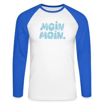 Moin Moin. (Vintage Hellblau) Guten Morgen - Unisex Baseballshirt langarm - Weiß/Royalblau - Vorne - Nik (191cm)