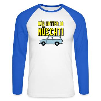  Universal Kombi , Wir hatten ja nüscht!(25 - Unisex Baseballshirt langarm - Weiß/Royalblau - Vorne - Nik (191cm)