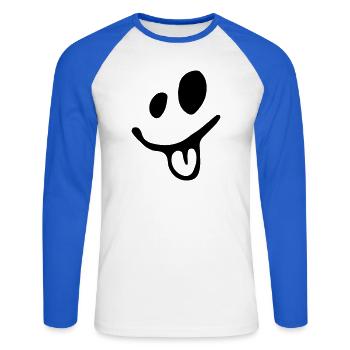 lachendes Gesicht zeigt dir die Zunge - Unisex Baseballshirt langarm - Weiß/Royalblau - Vorne - Nik (191cm)