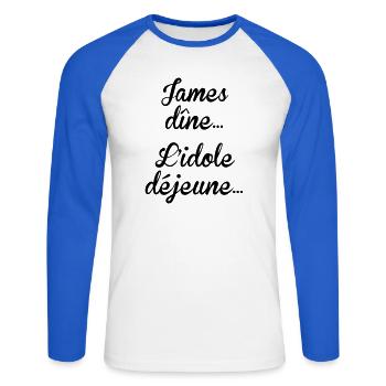 James dîne, l'idole déjeune - T-shirt baseball manches longues Homme - blanc/bleu royal - Devant - Nik (191cm)