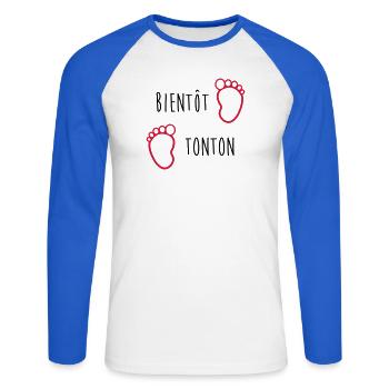Bientôt Tonton / Bébé / Naissance / Oncle / Baby - T-shirt baseball manches longues Homme - blanc/bleu royal - Devant - Nik (191cm)