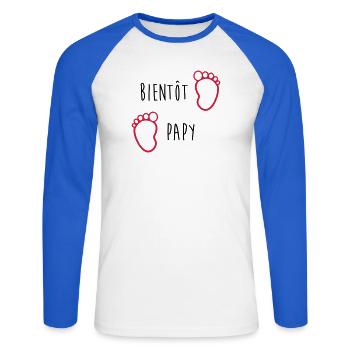 Bientôt Papy / Grand Pere / Naissance / Bébé - T-shirt baseball manches longues Homme - blanc/bleu royal - Devant - Nik (191cm)