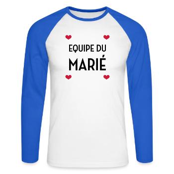 Equipe du Marié / Mariage / EVJF / EVG / Amour - T-shirt baseball manches longues Homme - blanc/bleu royal - Devant - Nik (191cm)