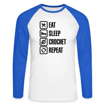 Eat Sleep Crochet Repeat - Unisex Baseballshirt langarm - Weiß/Royalblau - Vorne - Nik (191cm)