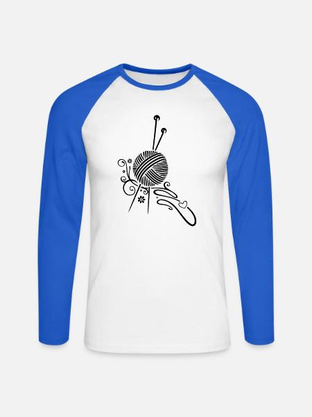 Knitting needles with wool and flowers. - Unisex Long Sleeve Baseball T-Shirt - white/royal blue